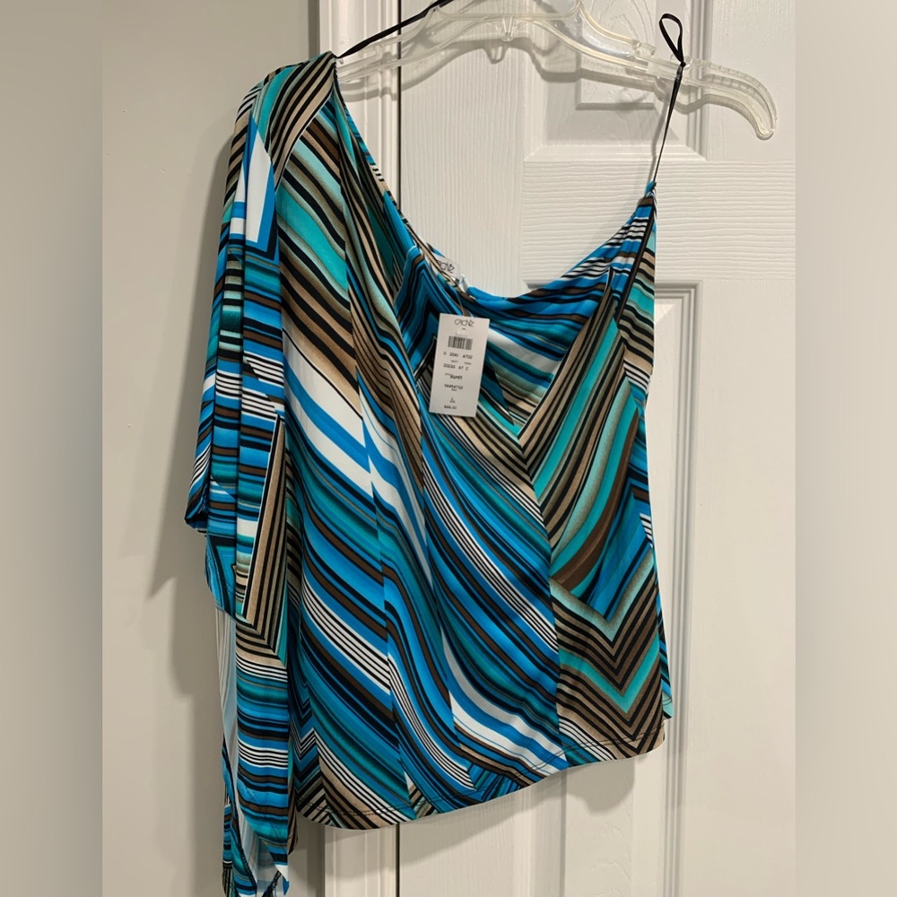 Ladies one shoulder top, NWT, blue multi color, size Lg